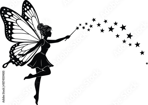 Beautiful fairy silhouette with butterfly wings holding magic wand, spreading stars, fantasy mythical girl character, enchanted creature, isolated on white background.