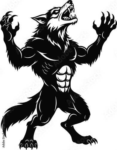 Black and white aggressive werewolf silhouette standing on two legs with sharp claws and open mouth howling isolated on white background