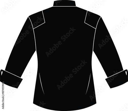 Black chef shirt silhouette, professional culinary uniform back view, kitchen apparel vector icon, long sleeve workwear for cook, garment isolated on white background.
