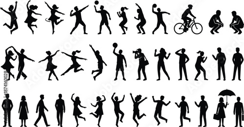 Active people silhouettes, dancing, jumping, cycling, fitness, lifestyle actions, human movement poses, daily activities, modern life illustration set