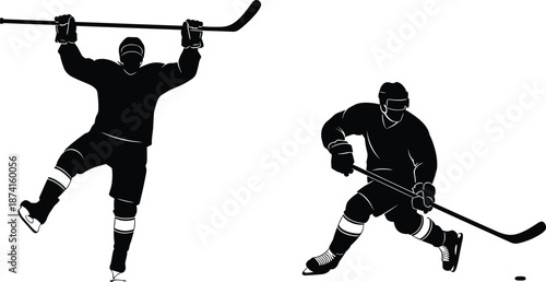 Black silhouettes of professional ice hockey players in action featuring a player celebrating a goal and another handling the puck with stick