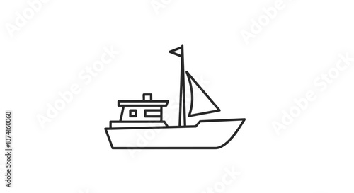 A minimalist line art illustration featuring a classic sailing vessel combined with motorboat characteristics on a crisp white background, ideal for