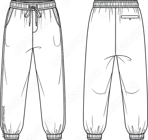 Casual jogger pants technical sketch, unisex sports sweatpants vector illustration, fashion design template for loungewear with elastic waistband and drawstring detail.