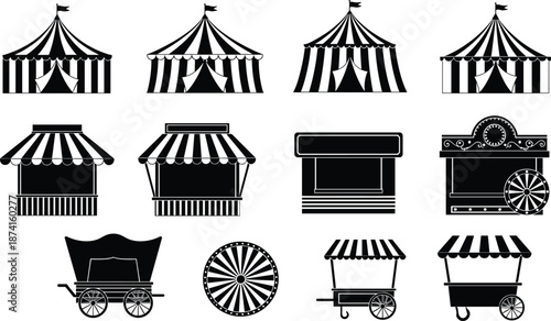 Circus carnival tent and market stall silhouette icons set, fairground amusement park collection, vintage festival wagon and food cart vector illustration, black.