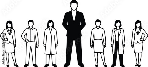Business leader standing out among professional team, corporate management concept, leadership authority, confidence, success, teamwork illustration