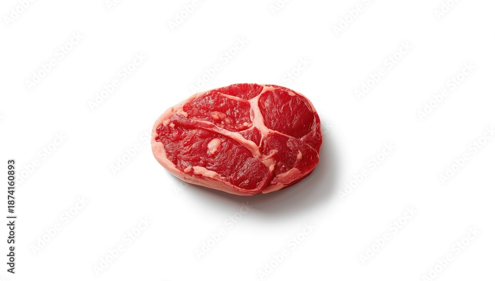 Obraz premium Fresh raw beef segment on white, highlighting texture and fat distribution for meat quality assessment