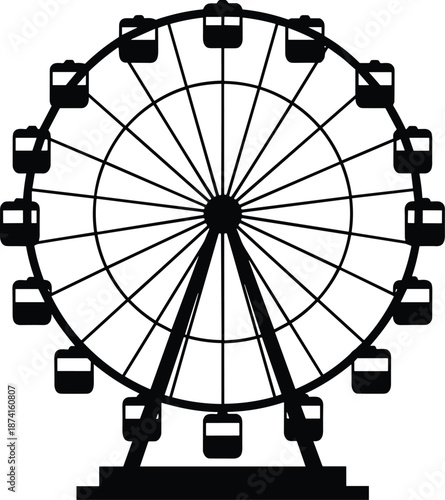 Ferris wheel silhouette icon, amusement park attraction symbol, carnival ride vector illustration, fairground entertainment sign, theme park structure isolated on white background.