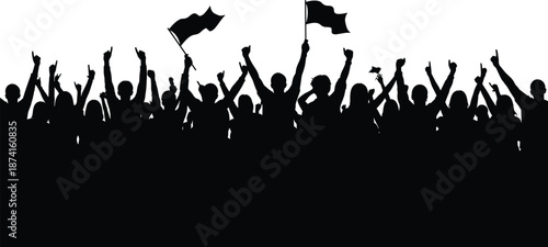 Crowd silhouette cheering, people with flags celebrating, fans at concert stadium, protest demonstration, political rally, group of enthusiasts, isolated on white background.