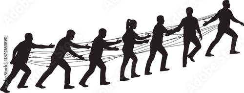 Silhouettes of people pulling each other in a line