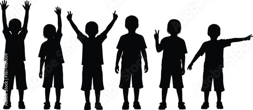 Happy and playful children silhouettes group, standing in various poses, cheering, raising hands, showing peace sign, kids friendship concept, isolated on white background.