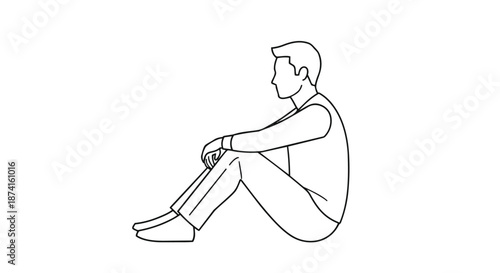 Illustration of a pensive man sitting calmly on the floor profile view contemplating life in a relaxed posture a moment of quiet reflection and