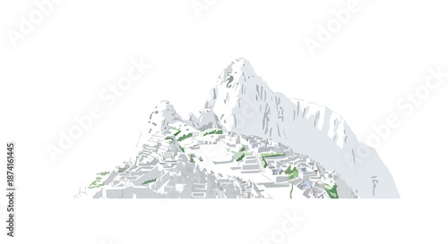 An abstract illustration depicting an ancient mountain city nestled amidst majestic peaks, showcasing historical terraced architecture and a serene,