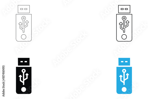USB pen drive icon symbol vector, data transfer USB drive, portable storage icon vector, silhouette and line art