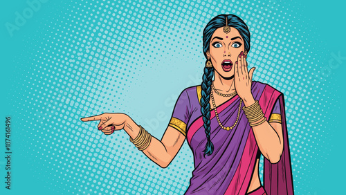 Surprised Indian woman pointing finger, pop art comic style illustration, colorful halftone background, expressive female reaction concept vector