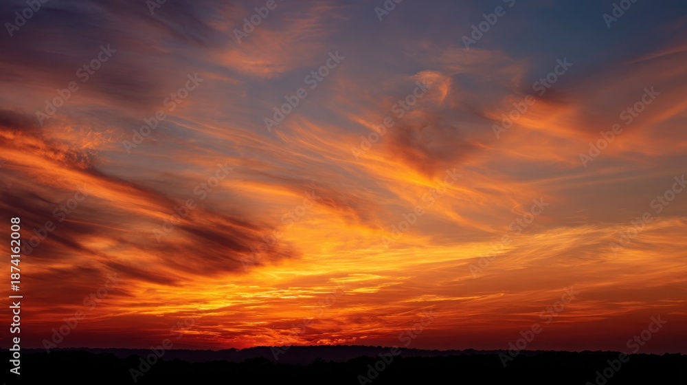 Fototapeta premium Fiery Sunset Sky with Dramatic Orange and Red Clouds Above Silhouette