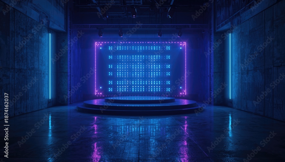 Fototapeta premium Contemporary sci-fi digital studio featuring large panel lights and neon blue purple accents, for digital media production
