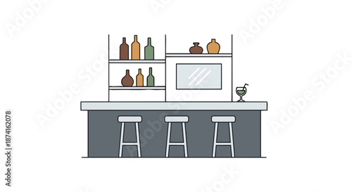 A minimalist line art depiction of a stylish contemporary bar setup, featuring sleek counter stools and shelves adorned with various beverage
