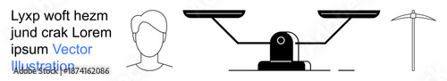 Law and justice, equality, decision-making, mining, industry, human . Minimalist icons showing scales for balance, a human outline and a pickaxe. Law and justice equality concepts