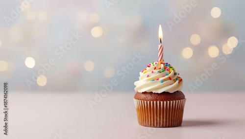 Decorative cupcake with multicolored sprinkles and a lit candle, ideal for festive occasions