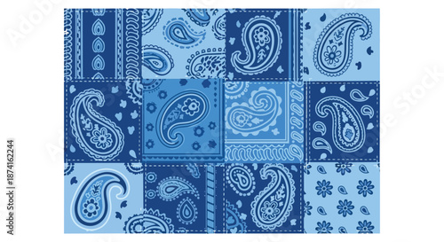 A vibrant quilt of intricate blue paisley designs presenting a captivating visual tapestry of diverse ornamental motifs and harmonious color