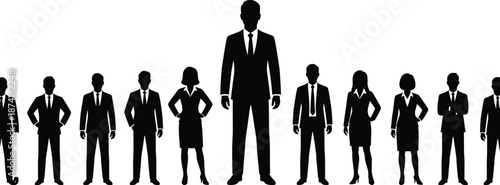 Business leadership silhouettes illustration, standout leader among corporate team, success, management, hierarchy, confidence, professional teamwork concept