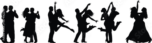 Set of black silhouettes featuring elegant couples performing various ballroom dance styles including salsa tango and romantic waltz isolated on white background