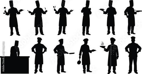Set of black silhouettes featuring professional male chefs and cooks in uniform holding kitchen utensils and plates of food isolated on white