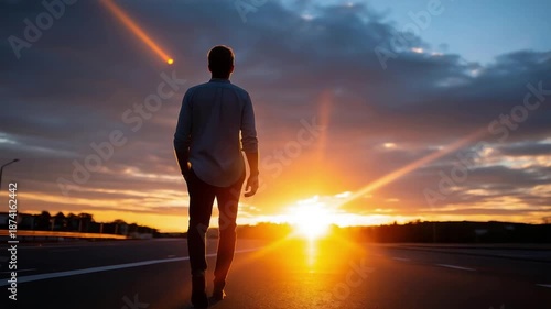 Faceless person s back view walking toward sunset on empty road moving forward concept leaving behind momen (3)
