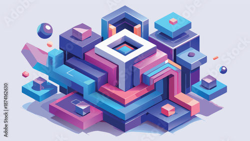 Isometric 3D Abstract Geometric Architecture with Futuristic Neon Blocks