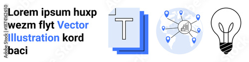 Digital communication, innovation, documentation, education, networking, creativity. Text layers, network connecting nodes and a lightbulb ideas. Networking and creativity concepts