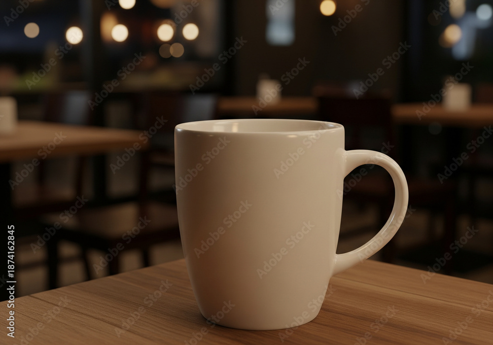 Obraz premium Minimal white mug mockup with shallow depth of field cafe background