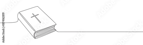 A closed book with a Christian cross on its cover, drawn in a continuous line, symbolizing faith and scripture