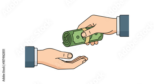 Vibrant illustration showing money being exchanged between two hands, embodying payment, finance, donation, or a cash transaction in contemporary