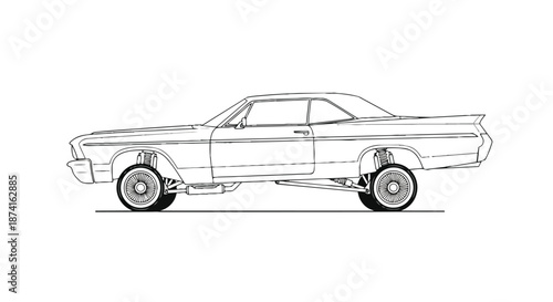 A precise line art illustration depicting a classic custom automobile equipped with visible hydraulic suspension components, showcasing its distinct