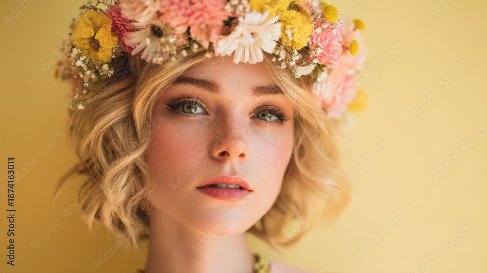 Fototapeta premium Young caucasian blonde woman wearing delicate flower crown with pastel spring blooms and quail eggs against soft yellow background, Easter beauty portrait