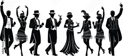 Vintage Great Gatsby 1920s party people silhouettes, roaring twenties flapper dancers and gentlemen in tuxedos, elegant retro night club event celebration vector