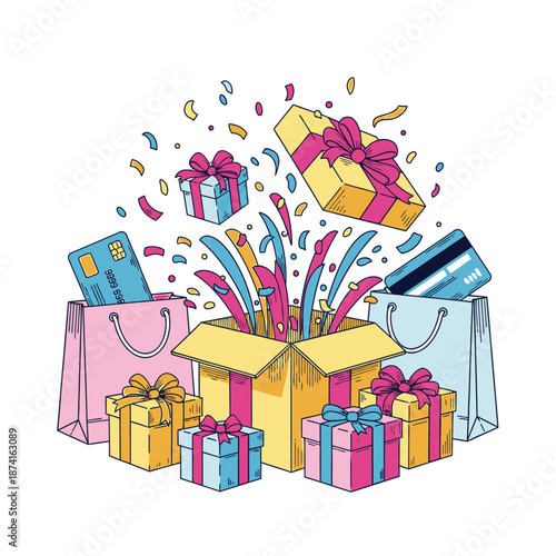 Surprise Gift Box Overflowing with Presents and Credit Cards.
