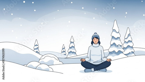 Woman in warm winter clothing meditating in snowy landscape with pine trees with serene and peaceful and mindful and meditation
