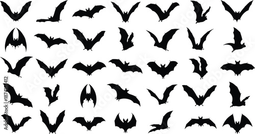 Bat silhouettes collection, flying bat poses set, halloween spooky animal icons, black vector illustration isolated on white background