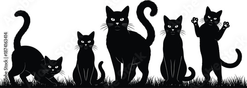 Black cat silhouettes collection, cute feline poses set, domestic pet animal icons, halloween style vector illustration isolated on white background