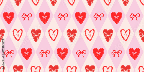Rhombus seamless pattern with Doodle hand drawn bows and hearts. Cute diamond pattern design for Valentine's Day, birthday,  print, wrapping paper, fabric, wallpaper, textile