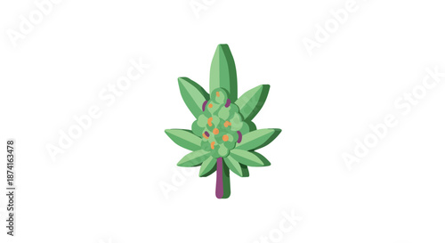 A vibrant green stylized botanical illustration depicting a plant with characteristic palmate leaves and a budding central cluster, ideal for modern