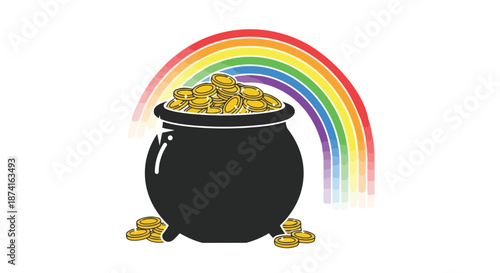 A vivid illustration of a sturdy, dark pot overflowing with shining gold coins, nestled at the end of a brightly colored, arching rainbow,
