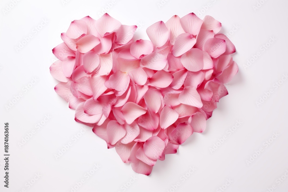 Fototapeta premium Pink rose petals forming a heart shape on a white background, symbolizing love and romance