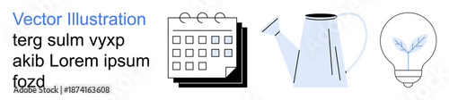 Productivity, sustainability, creativity, planning, innovation, idea generation. Icon set showing a calendar, a watering can and a lightbulb. Productivity and sustainability concepts
