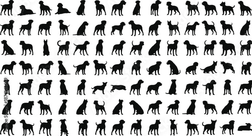 Dog silhouettes collection, various dog breeds poses set,