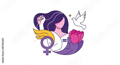 Dynamic illustration depicting female empowerment, equality, and peace with symbolic unity