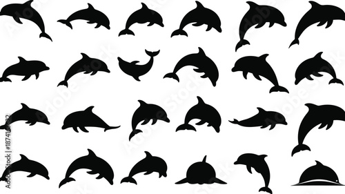 Dolphin silhouettes collection, jumping swimming dolphin poses set, marine animal icons, black vector illustration isolated on white background