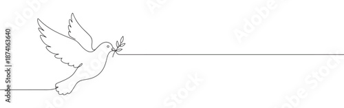 A graceful dove in flight holding an olive branch, depicted in a continuous line drawing, symbolizing peace and hope