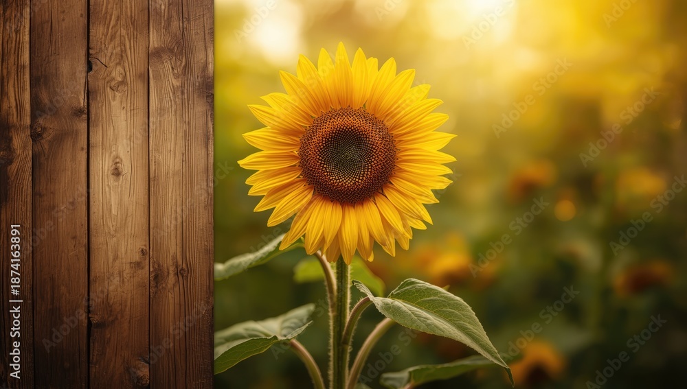 Obraz premium Sunflower placed on wooden planks, ideal for botanical or floral pattern backdrop, World Environment Day
